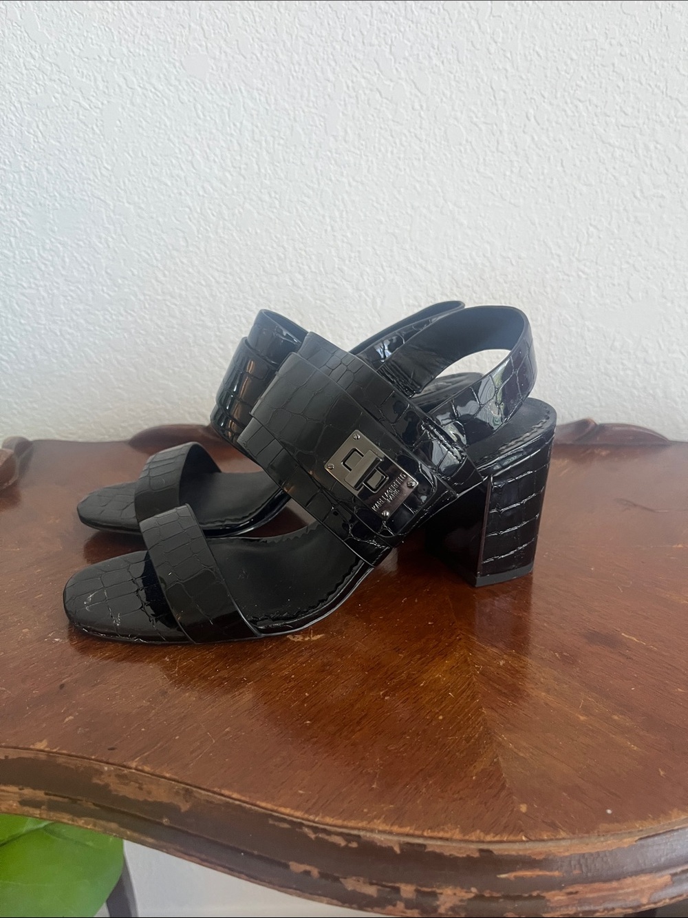 Black Karl Lagerfeld Croc-Embossed Block Heel Sandals- Jaylynn